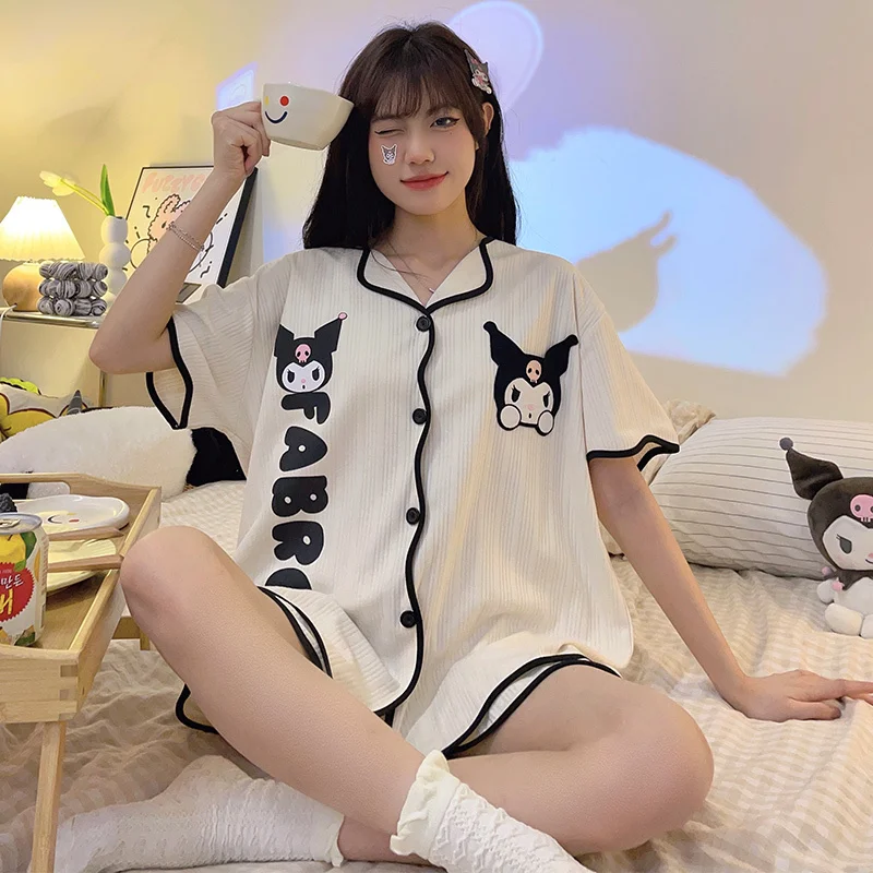 Sanrio Kuromi Summer Sleepwear Anime Cute Pochacco Polyester Women Girl Soft Short Sleeve Shorts Set Fashion Homewear Set