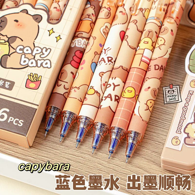6Pcs Cute Capybara Erasable Gel Pens – Quick-Drying Blue Pen Set for Office and School Stationery Supplies