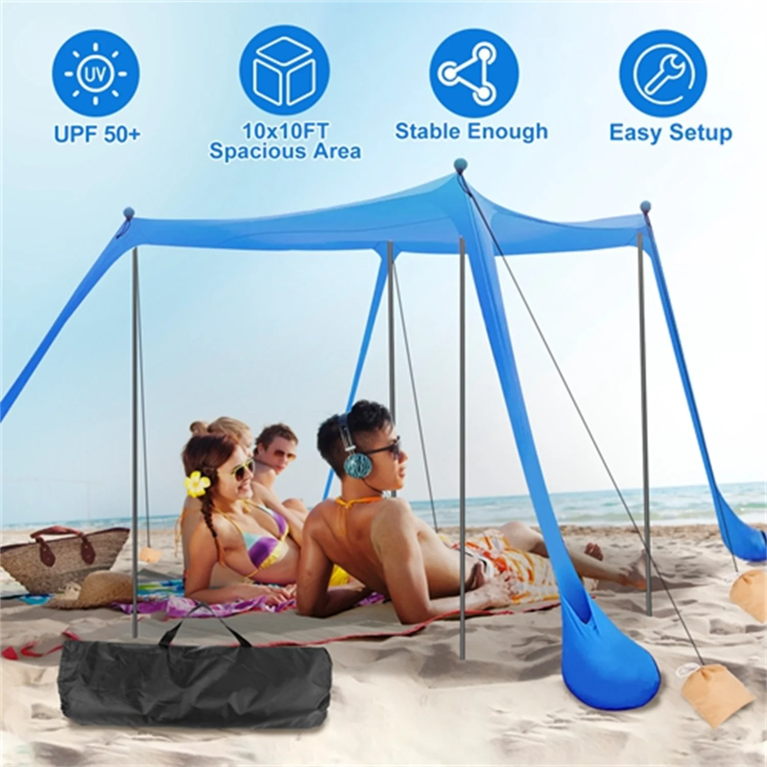 Beach Tent Canopy Pop Up Shade 10x10ft Sun Shelter Portable Family UPF50+ with 4 Sandbags-4 Aluminum Poles-4 x Ropes-Carrying Ba