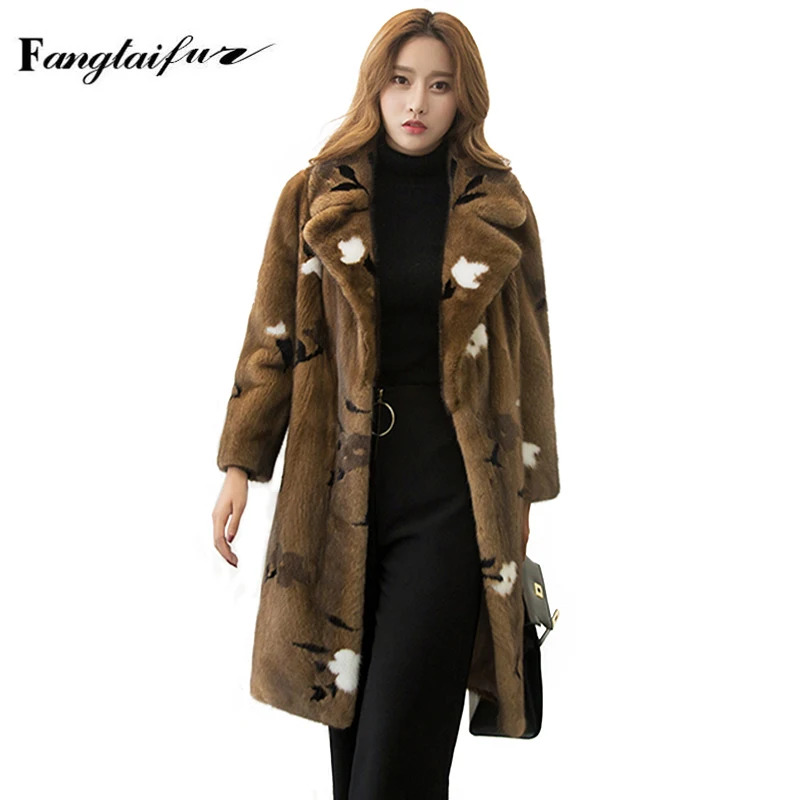 Ftangaiur novo inverno importação veludo casaco de pele de vison manga longa feminino turn-down colarinho cor pura médio natural casacos de pele de vison