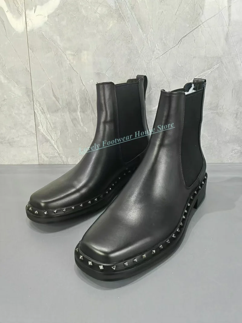 Luxury Rivet Decoration Flat Heel Man High Top Boots Spliced Knit Elastic Male Black Genuine Leather Slip On Ankle Boots