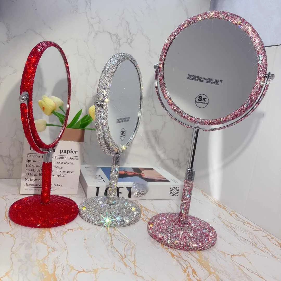 Bling Diamond Adjustable Makeup Mirror Desktop Cosmetics Mirror 360 ° Rotating Double-sided Mirror 3X Magnification Beauty Tool