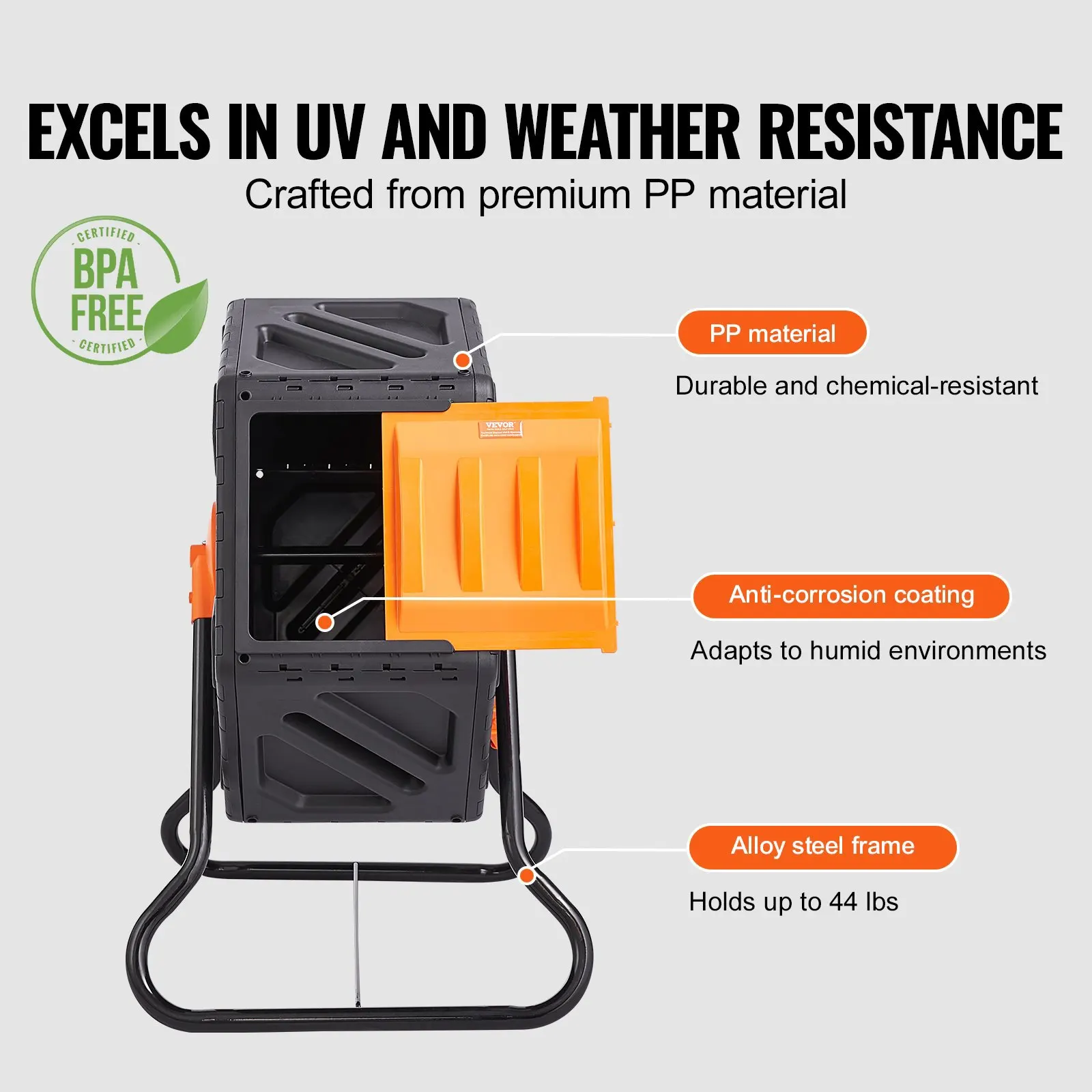 Rotierender Gartenkomposter 70 L 360° Drehbarer Kompostbehälter ° PP- und BPA-freier Stahlbehälter mit 20 kg Fassungsvermögen, Einzelkammer für Kompost – Detail 7
