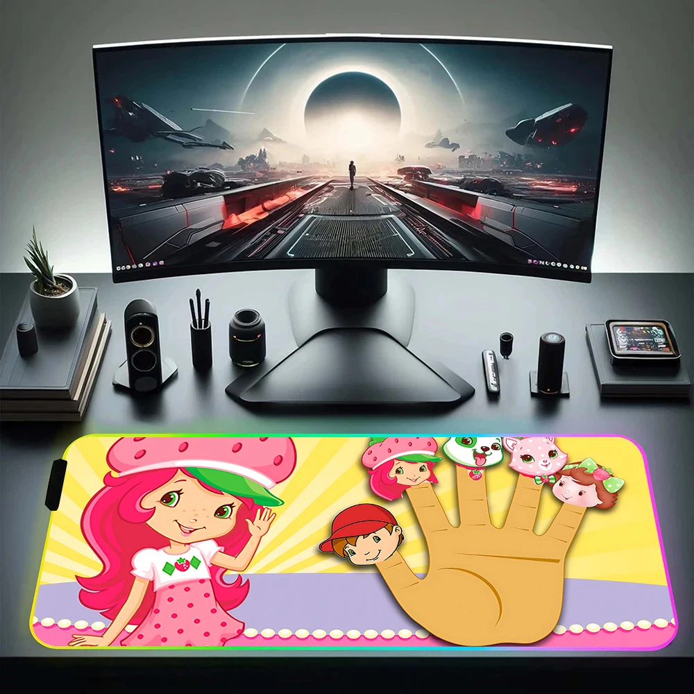 Strawberry-shortcake girl RGB Pc Gamer Keyboard Mouse Pad Mousepad LED Glowing Mouse Mats Rubber Gaming Computer Mausepad