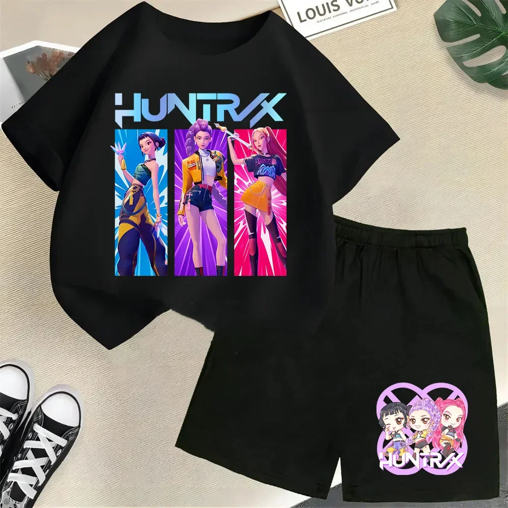 

2025 New Children's Cotton Korean Wave Demon Hunter Print Fashion Casual Movie Cartoon Boys and Girls Short-sleeved Set