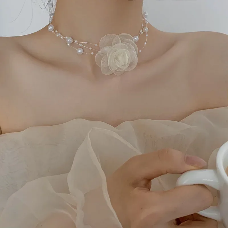 Beautiful Lace Flower Choker Necklaces Simulated Pearl Chain Elegant Camellia Necklaces Women Fashion Jewelry