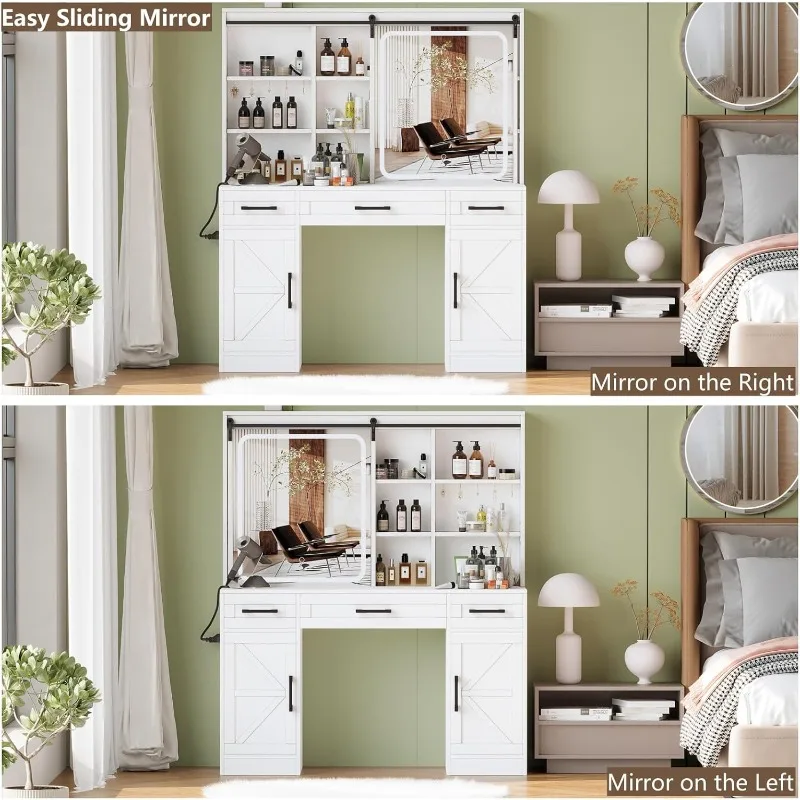 Farmhouse Makeup Vanity Desk with Sliding Mirror & Charging Station, Vanity Table with Lights & Hidden Storage Shelves