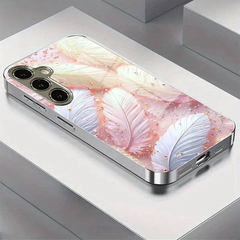 

Gold-plated tempered glass phone case for Samsung Galaxy S26, S25, S24, S23, and S22 Ultra Plus. Pink feather design.