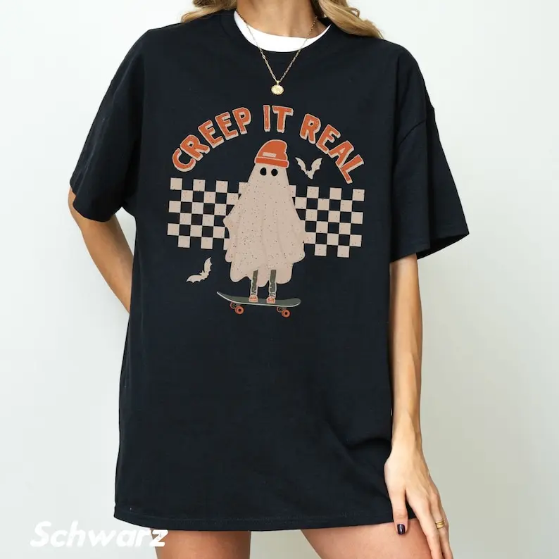

Creep It Real Halloween Unisex T-Shirt, Autumn Alternative Spooky Shirt, Ghost Skateboard Boho Groovy T-Shirt Adult