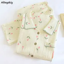 Pajama Sets for Women Floral V-neck Long Sleeve Soft Night Sleepwear Korean Style Fashion Daily Hot Sale Simple Spring
