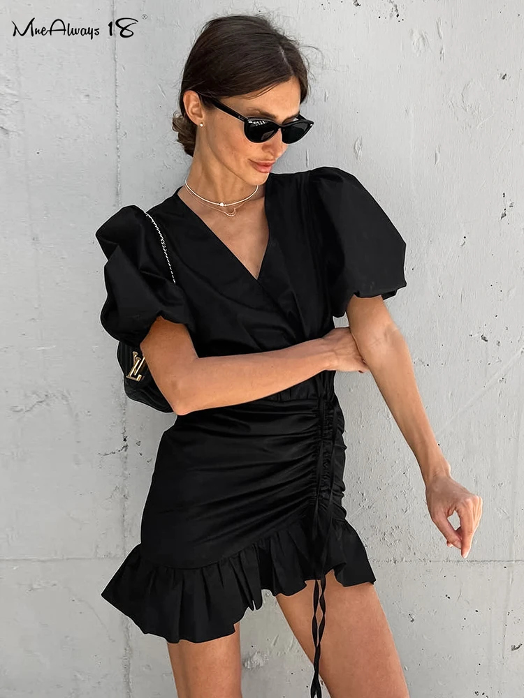 Mnealways18 Black Drawstring Elegant Mini Dress Womens Puff Sleeves Ruffled V-Neck Office Ladies Dress Summer 2024 High Waisted