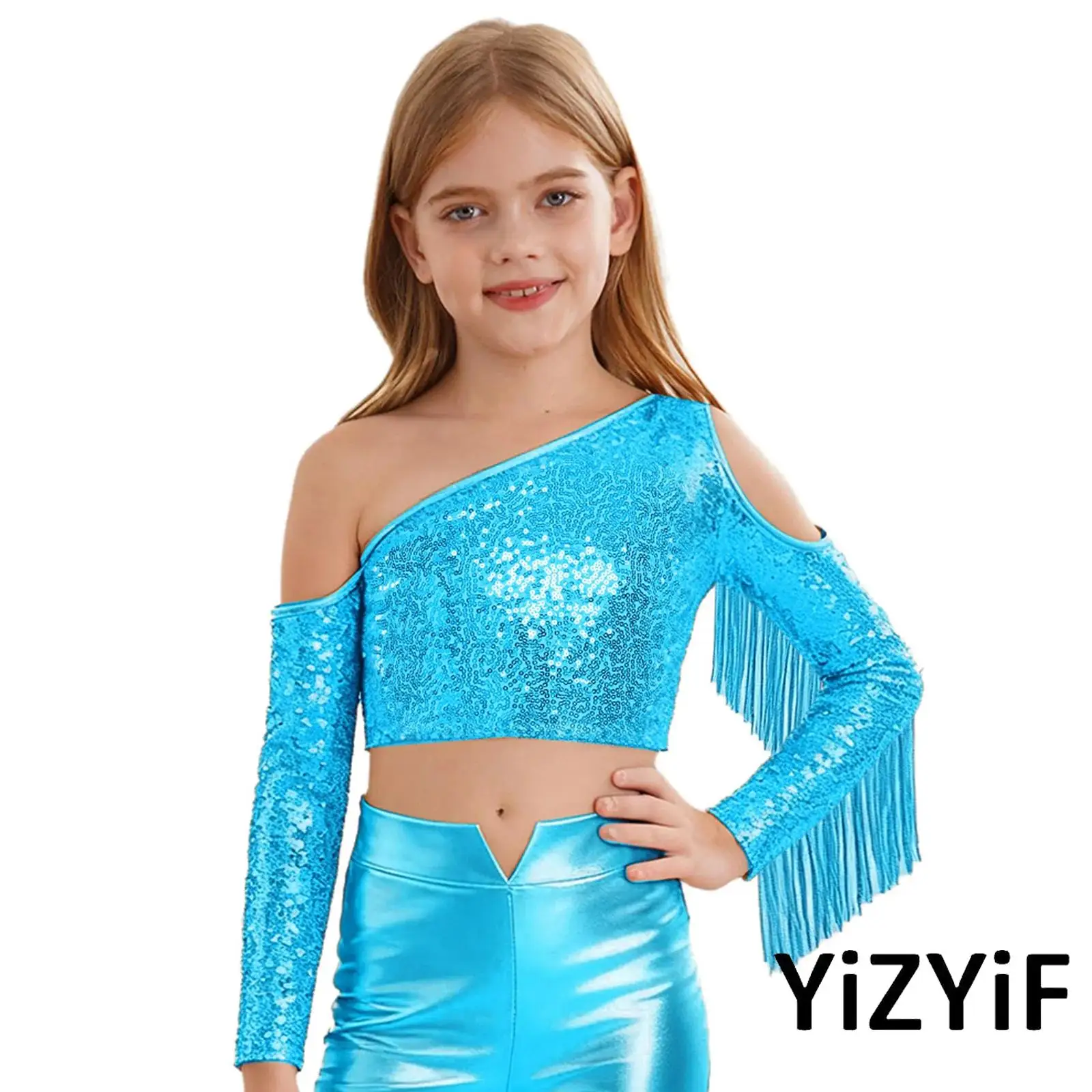 Kids Girls Pageant Stage Performance Costume One Shoulder Long Sleeve Shiny Sequins Crop Top with Pants Disco Belly Dance Wear