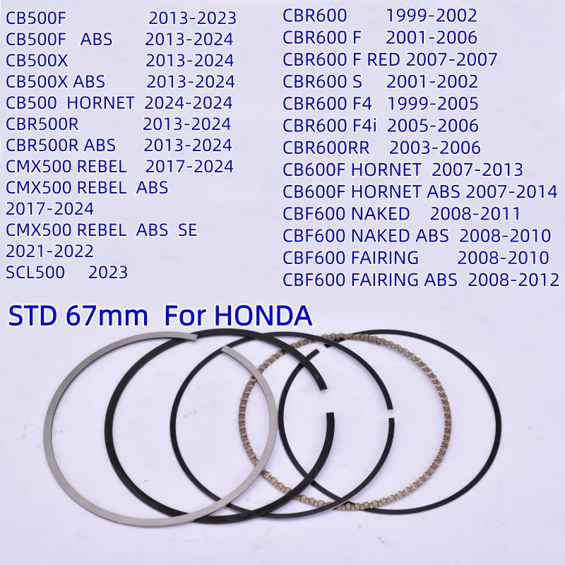 Anéis de Pistão de 67mm para Moto Honda CBR 500R 600F RED F4i 600S 600RR CB 500F 500X 600F HORNET CBF600 NAKED FAIRING CMX500 REBEL ABS