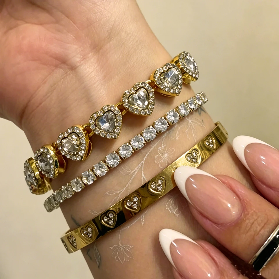 Yupsk 1/3pcs Gold Color Buling CZ Rhinestone Heart Tennis Br