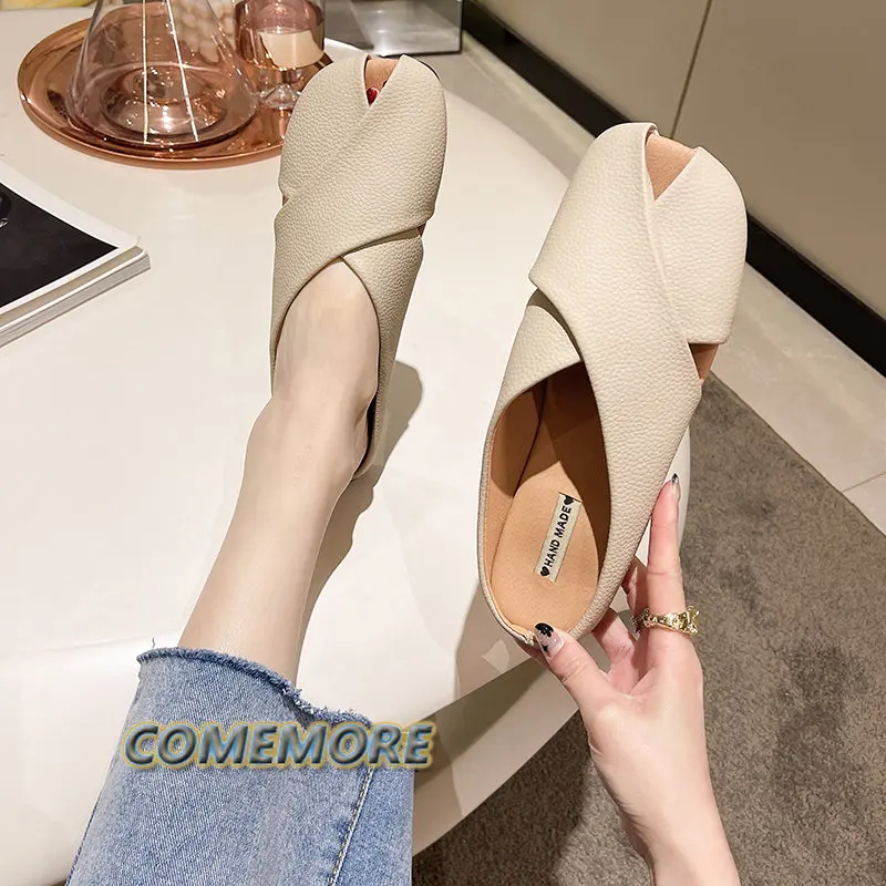 Mixed Colors PU Leather Women Slippers Elegant Open Toe Shallow Striped Non-Slip High-Heeled Slides Designer Fish Mouth Sandals