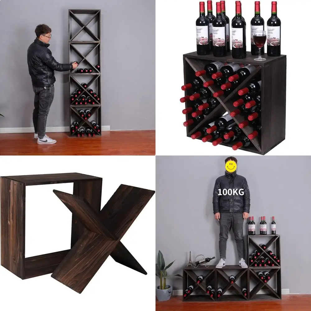 

Stackable Wooden Retro Cube Wine Rack, Holds 24 Bottles, Freestanding Floor Stand, Black