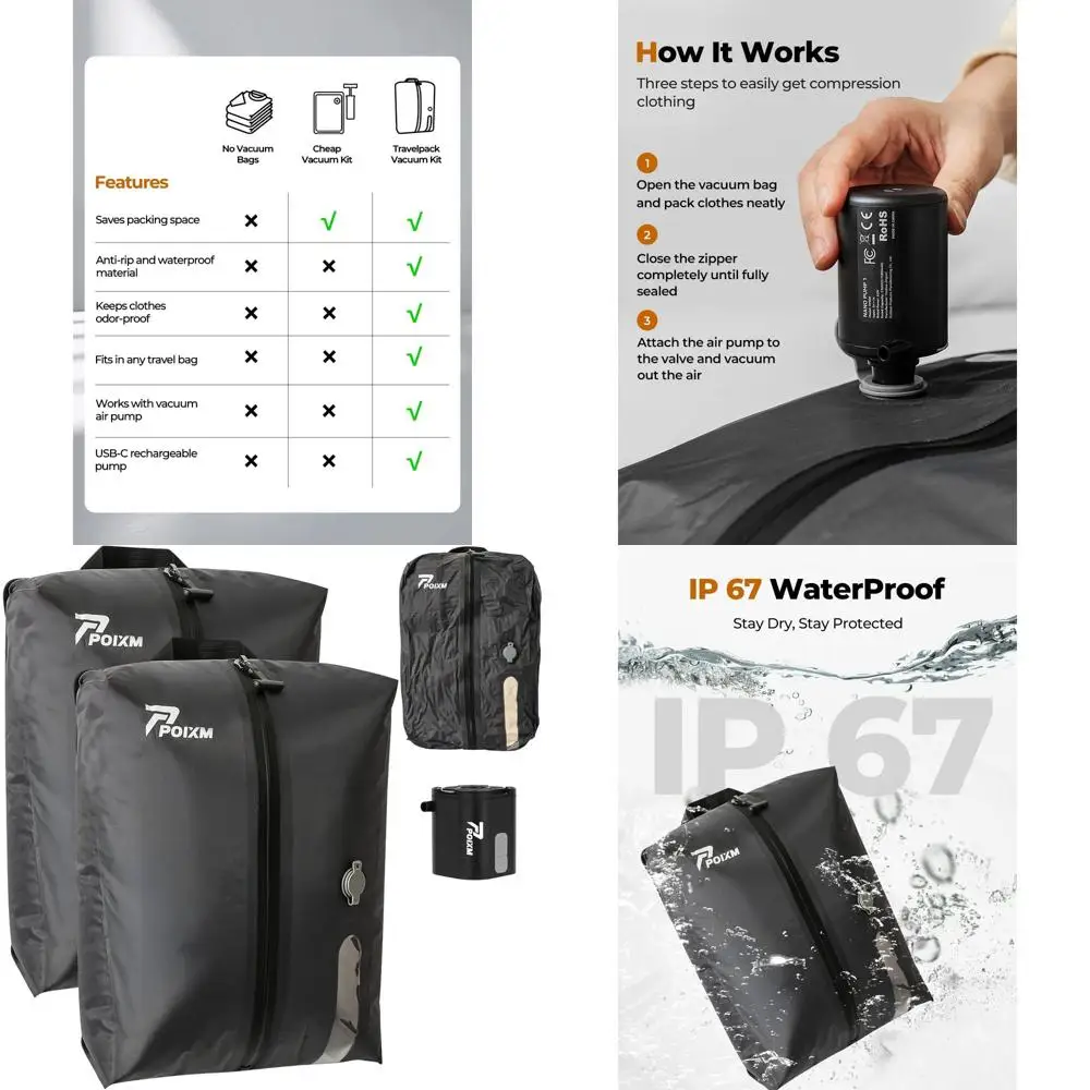 

Дорожные вакуумные пакеты для хранения, многоразовые и водонепроницаемые упаковочные кубики с насосом, 2 упаковки для багажа и рюкзаков