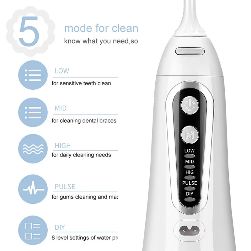 Oral Irrigator 5 Modes Portable Rechargeable Dental Water Jet 6 Nozzles Waterproof 300ML Tank Water Flosser For Teeth Whitening