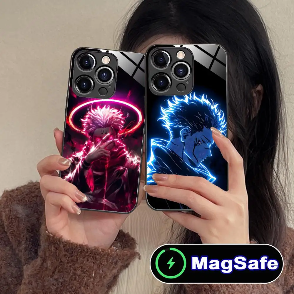 

Неоновый чехол для мобильного телефона Jujutsu Kaisen для iPhone 17, 16, 15, 14, 13, 12, 11 Pro Max Plus Mini MagSafe, стеклянный цветной чехол, красивая роскошь