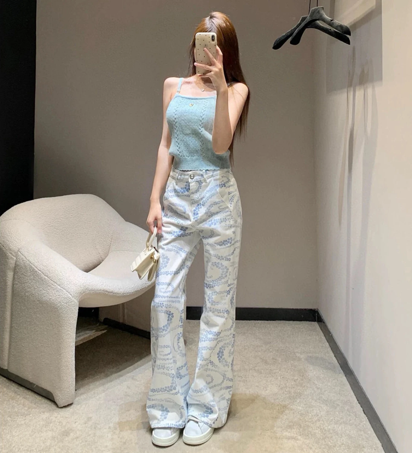 جينز نسائي أبيض مطبوع عالي الخصر وواسع الساق كوري مستقيم فضفاض غير رسمي متعدد الاستخدامات للخريف بنطلون موضة شارع العليا الجديد #2