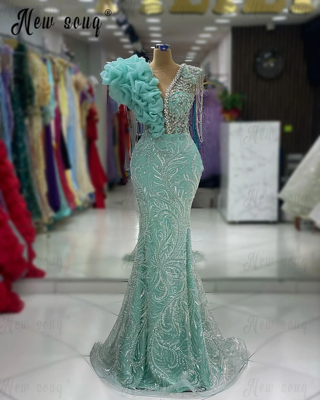 Ruffles turquesa vestido de festa com borla longa para mulheres, maxi sereia árabe, vestidos de baile de luxo, 2024