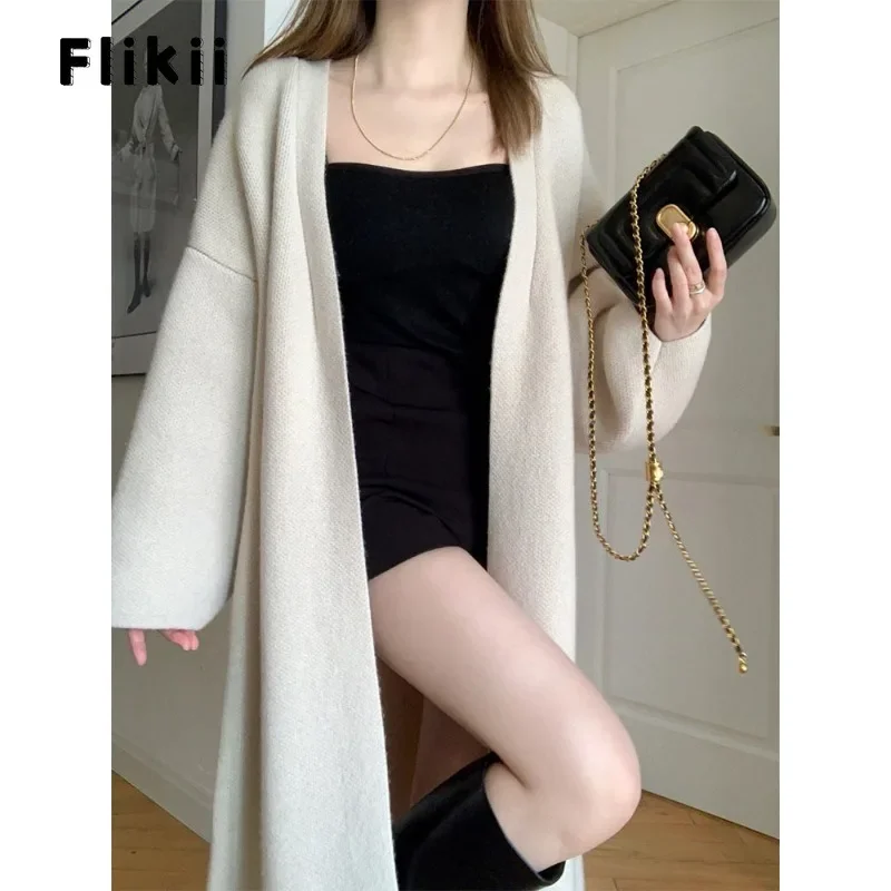 Women Chic Casual Style Solid Color Knitting Long Sleeve X-long Cardigans 2024 Winter Fashion Sexy Oversized Simple Sweater