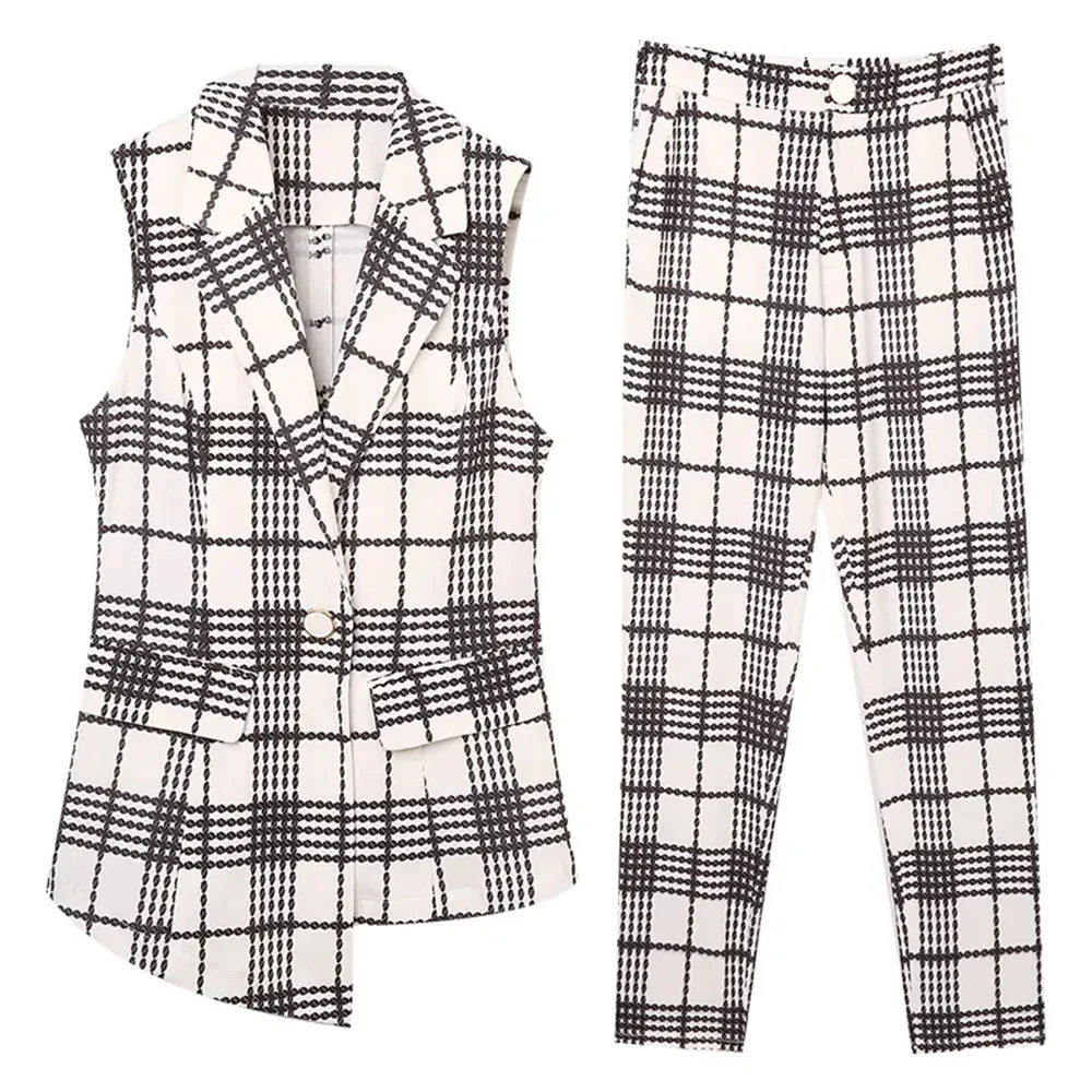 Women\'s Summer Plaid Set Sleeveless Tops Fashion Nine-Point Pants Woman Office Ladies Two Piece Business Pants Femme Suit  Outfi