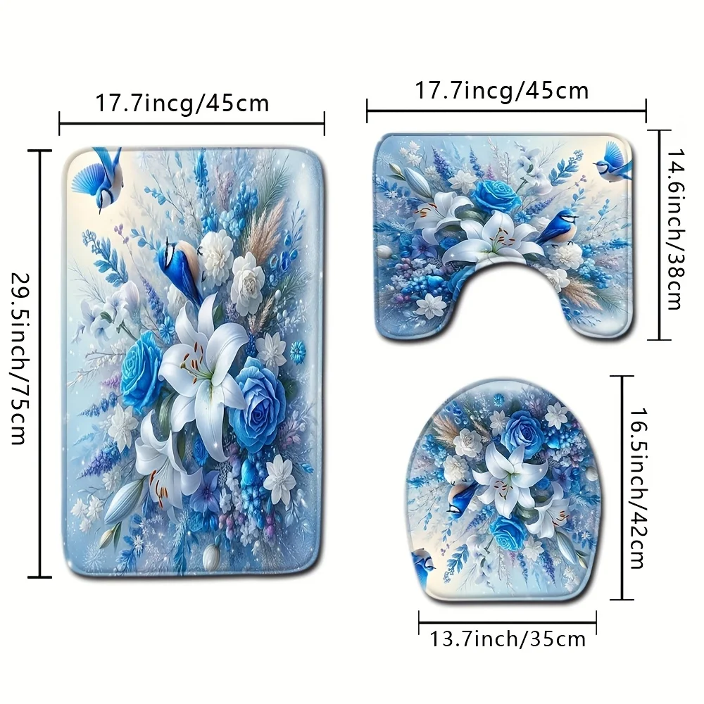 Blue Rose Bird Floor Mat Set Toilet Cover Toilet Carpet Bathroom Absorbent Door Mat Bathroom 3 Piece Set Non-slip Mat Decoration