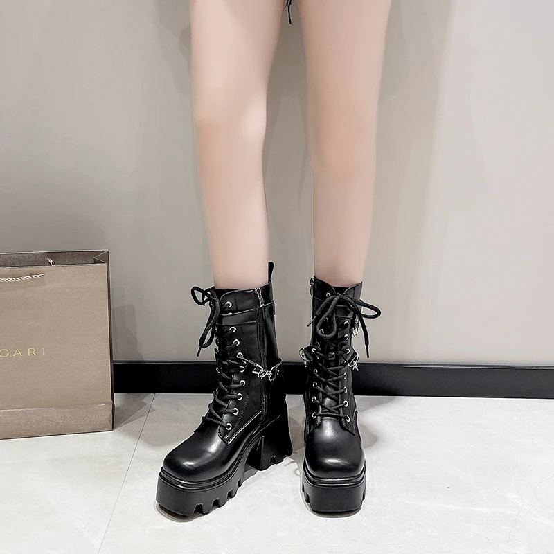 Brand New Gothic Style 8.5CM Platform Vampire Cosplay Women Mid-calf Boots 2023 Winter Wedges Comfy Women Motorcycle Boots Shoes