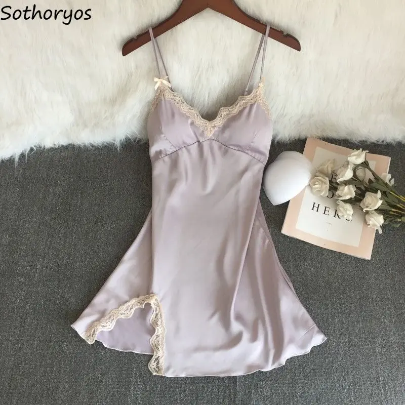 

Spaghetti Strap Nightgowns Women Summer Lace Design Sexy Sleepwear Home Side-slit Aesthetic Lounge Hotsweet Soft Breathable Chic