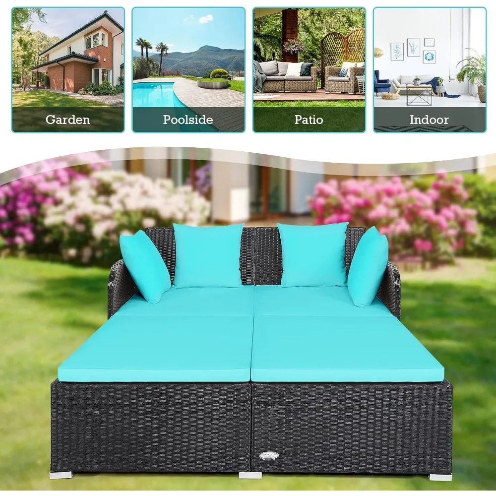 Rattan Terrace Outdoor Sofa Bed, Wicker Double Sunbed, Upholstered, 4 Pillows, Double Bed Recliner Sofa Cover