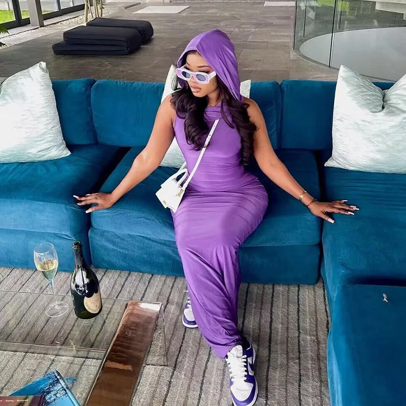 Summer Women's Pure Color Hoodie Svel Bodycon Dr Split Bal Knitted Polyester Thiened mid Waist Gown