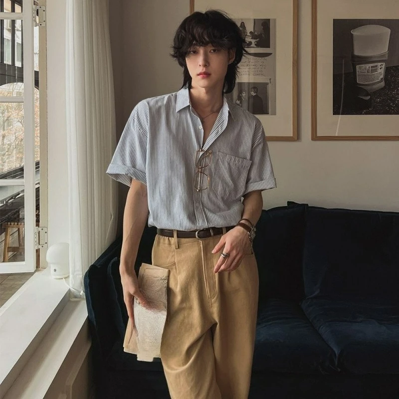 

Japanese Retro Striped Short-sleeved Shirt Men's Summer Loose Casual Shirt Korean Version Trendy Lapel Fashion Individuality