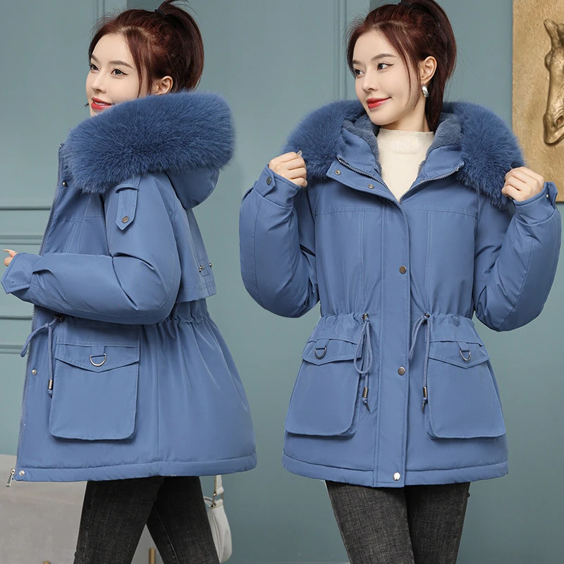 2024 New Winter Fashion Hooded Big Fur Collar Padded Parkas Down Cotton Warm Coat Waterproof Windbreaker Jacket