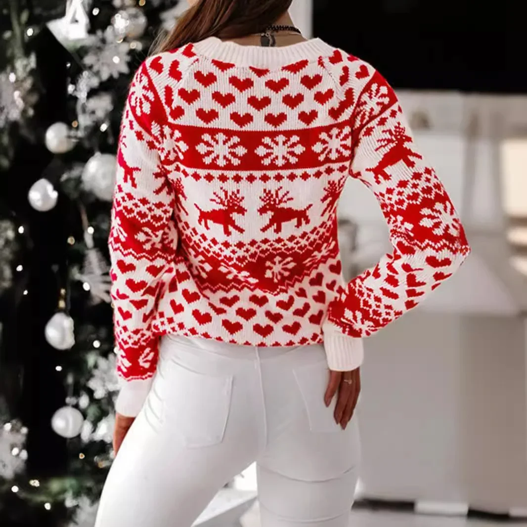 Women's Knitted Sweater Long Sleeve Round Neck Christmas Decoration American Style Elegant Fashion Pullover Top For Spring Autum