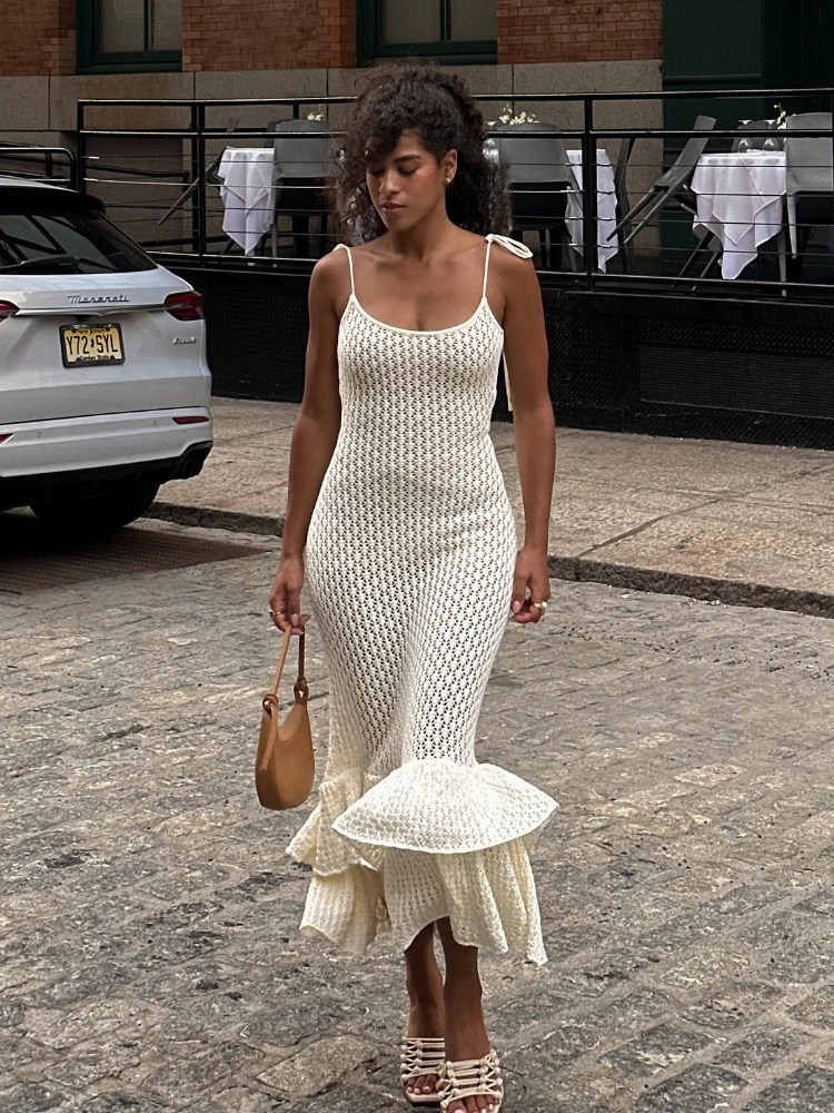 Elegant White Ruffles Maxi Dress for Women Sexy Hollow Out Knitted Holidays Dress Summer Strap Sleeveless Party Dresses 2024