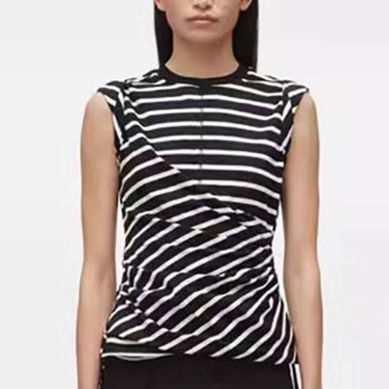 

Black and White Striped Irregular Sleeveless Body Shirt, Fashion Women's Tops, High Quality Cotton, 2024, Summer, New, Y2K