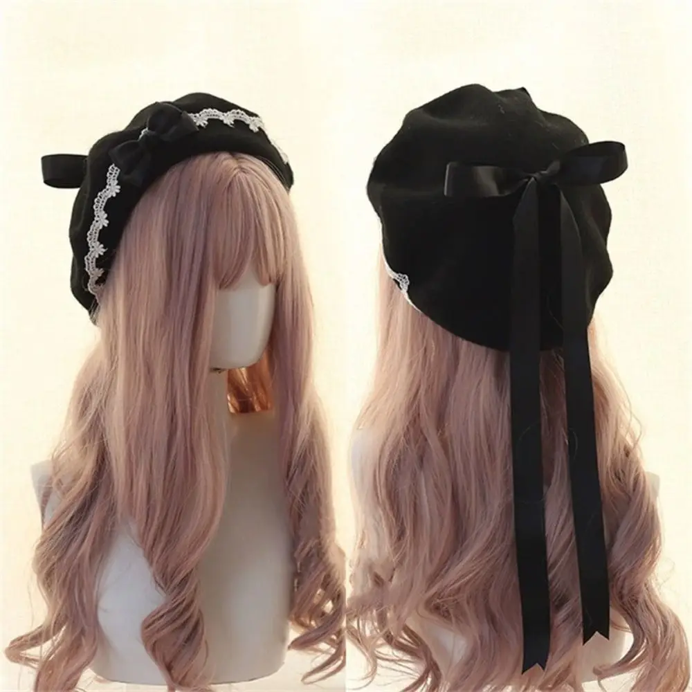 Fashion Lolita Japanese Style Beret Hat Woolen Handmade Bow Beret Lacebow Sweet Artist Hat Women Girls