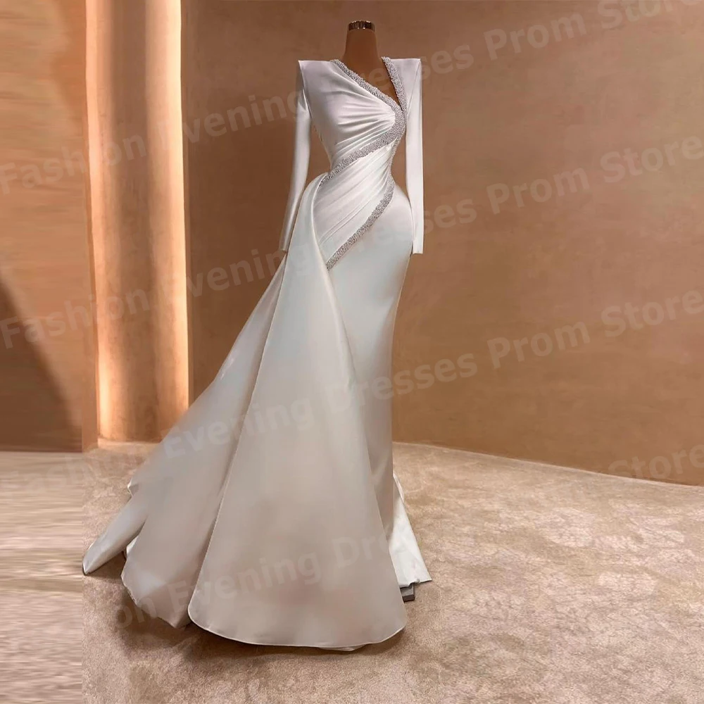 

Charming Women Mermaid Evening Dresses Long Sleeve Vestidos De Fiesta Prom Gowns Customized Pleated Vestido De Gala Noche Mujer