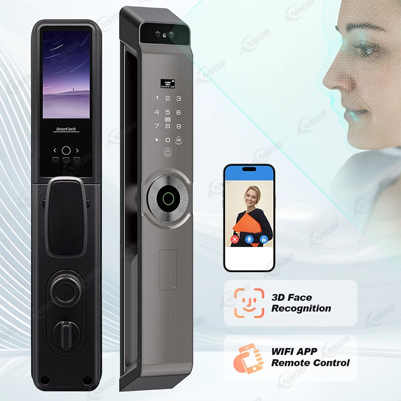 自動電子指紋認証バイオメトリックロック WIFIスマートロック 3D顔認証デジタルドアロック カメラ付き