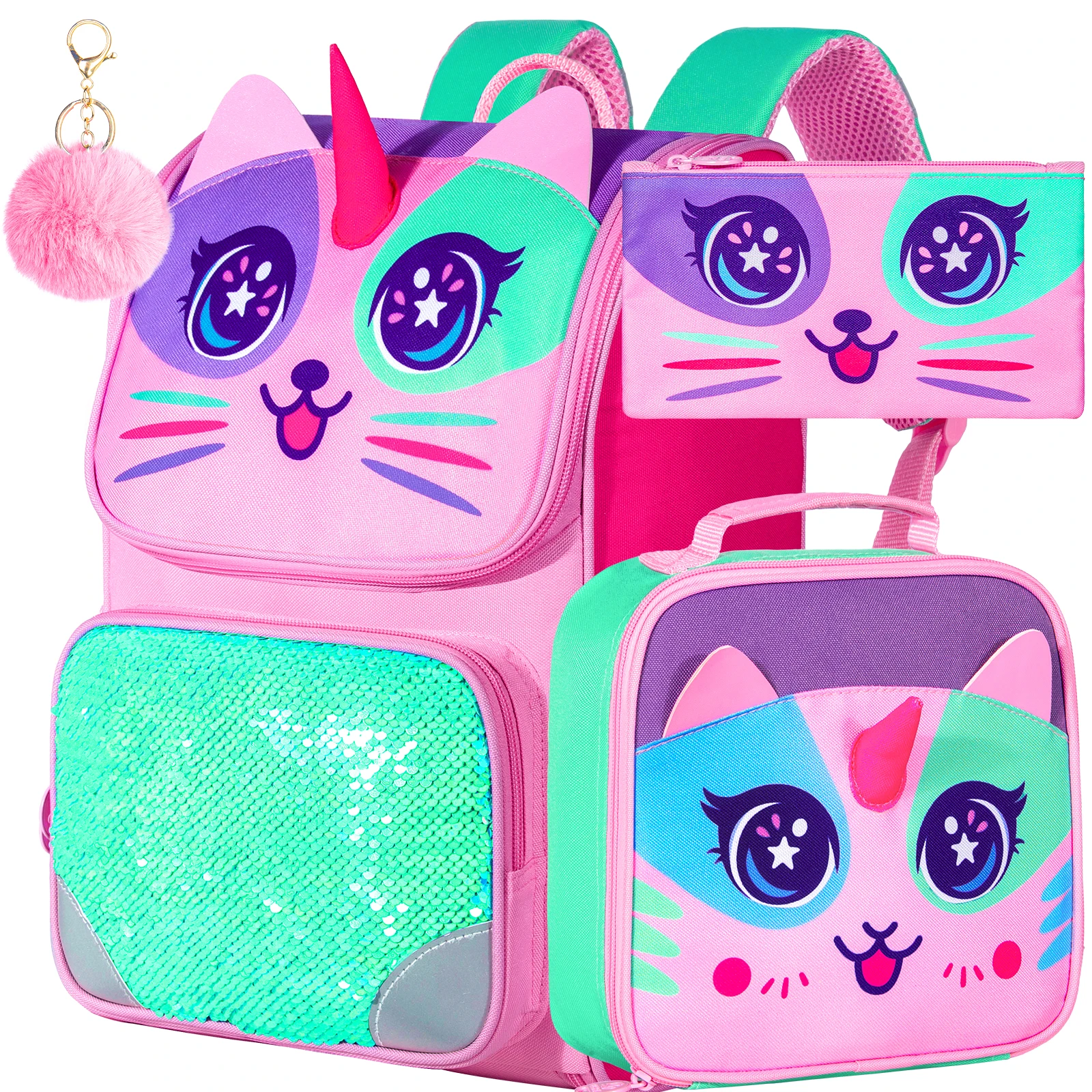 

3PCS Backpack for Girls, Kids Sequin Bookbag with Lunch Box, 15" Preschool School Bag for Elementary Toddler Students - Pink Cat