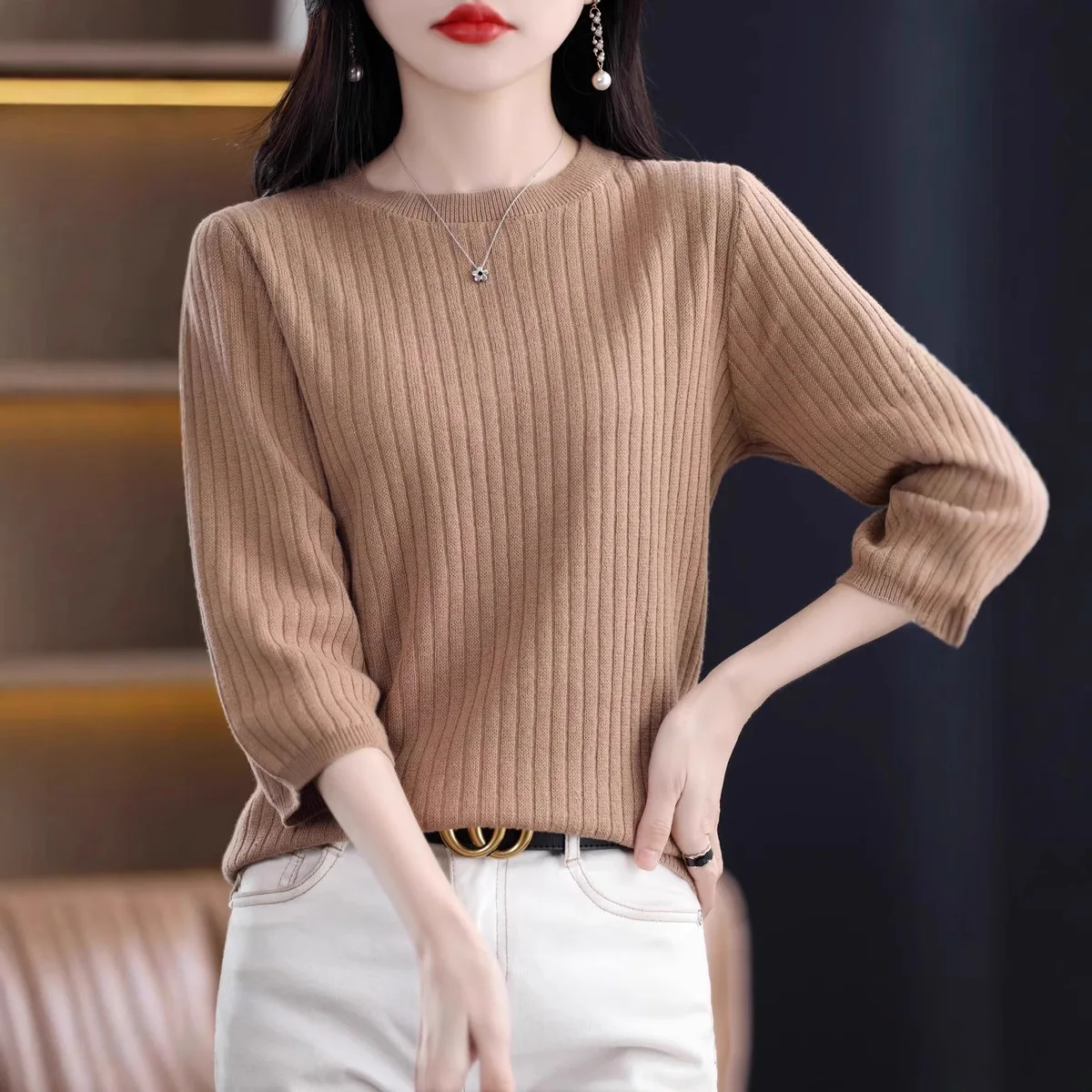 

Women's Base Shirt Elegant Commute Style Macaron Color Iron Free Treatment Classic Versatile round Neck Seven Sleeve