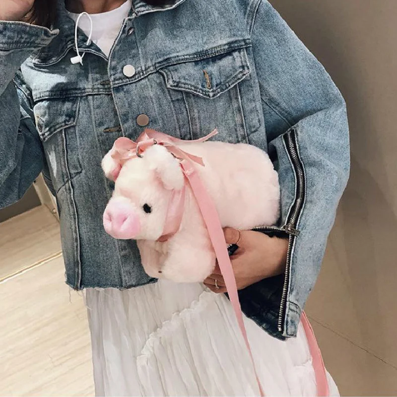 Cute Pig Shoulder Bag Plush Stuffed Animal Crossbody Bags Women Fashion Winter Soft Purse Cartoon Handbags Phone Money Storage