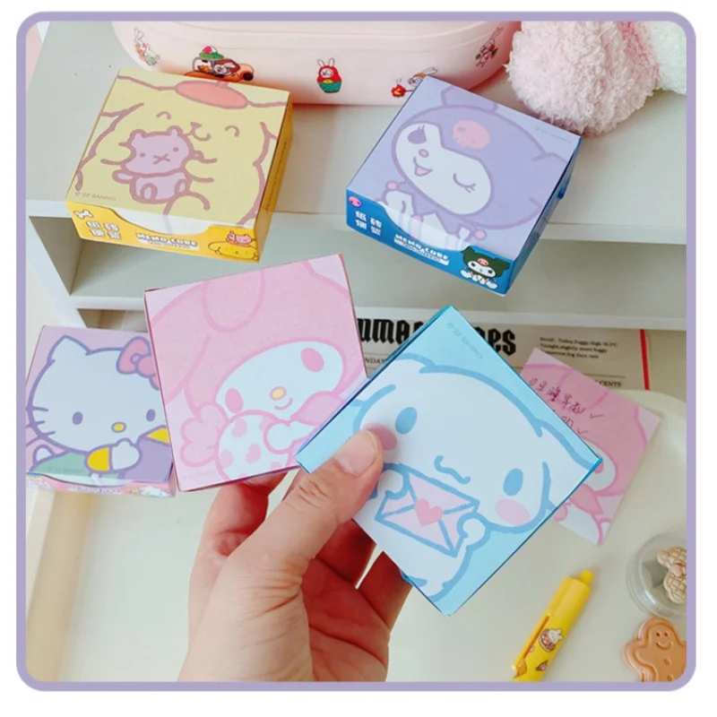 250Pcs Sanrio Sticky Notes Hello Kitty Kuromi Cinnamoroll Kawaii Cartoon Anime Sticky Notes Thickened Student Message