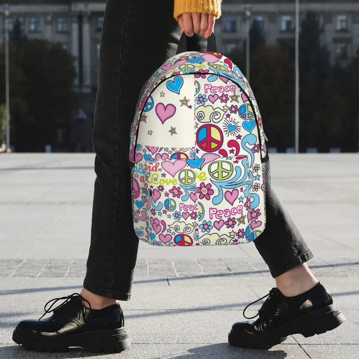 Peace and Love Cartoon School Bags for Children, Teenager Bookbag, Laptop Rucksack, Initiated Bag, Large Capacity