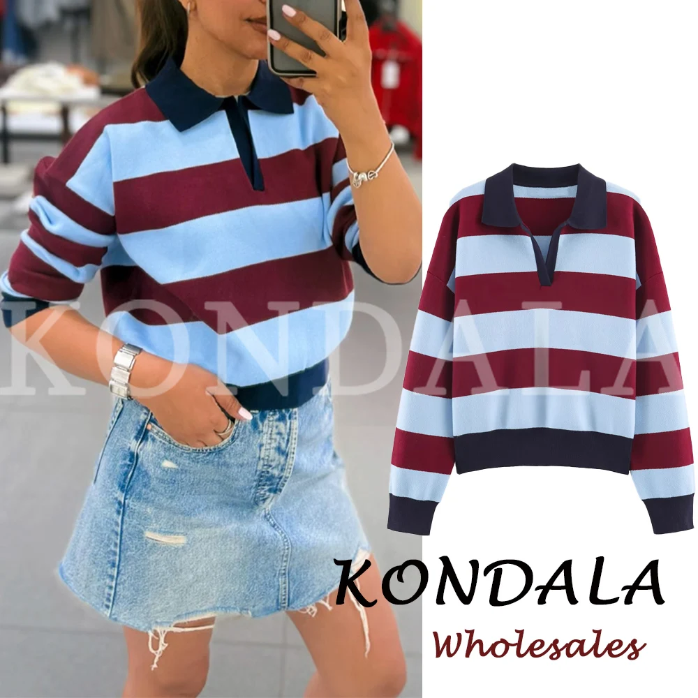 KONDALA Chic Fashion 2026 Autumn Women POLO Sweater Knit Casual Long Sleeve Striped Streetwear Female Vintage Modern Knitwear