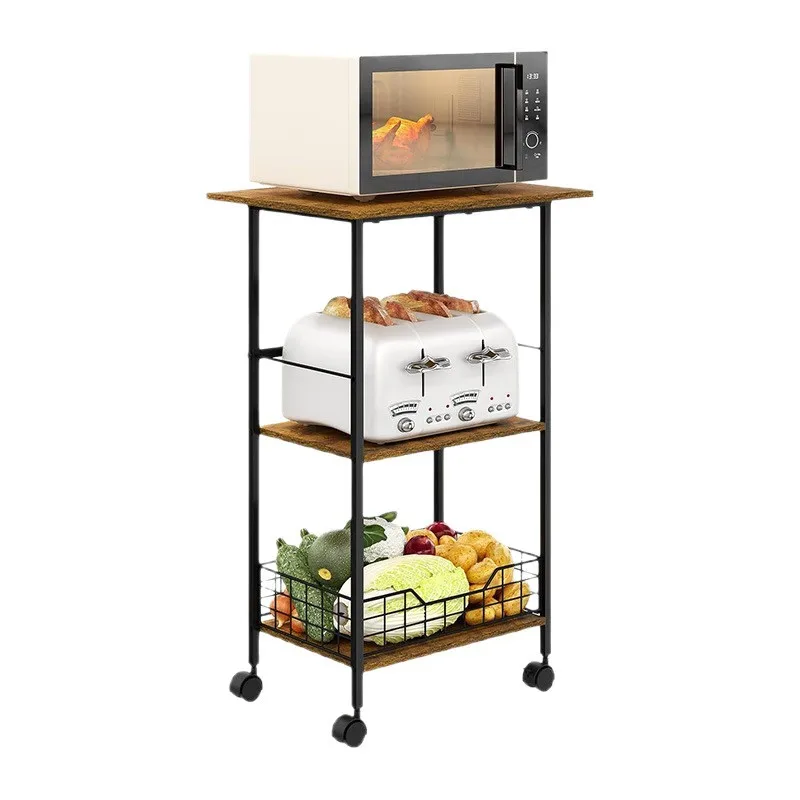 

Movable three-layer kitchen cart frame Rolling kitchen bracket Wood-metal storage rack