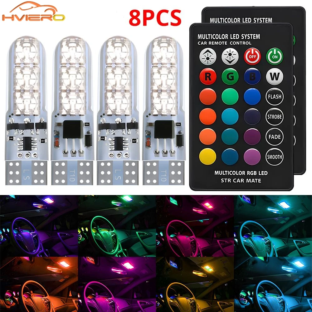 8Pcs Car Atmosphere Dome Reading Light T10 5050 6SMD W5W Remote Controller RGB 194 168 Footwell Wedge Auto Side Turn Signal Lamp