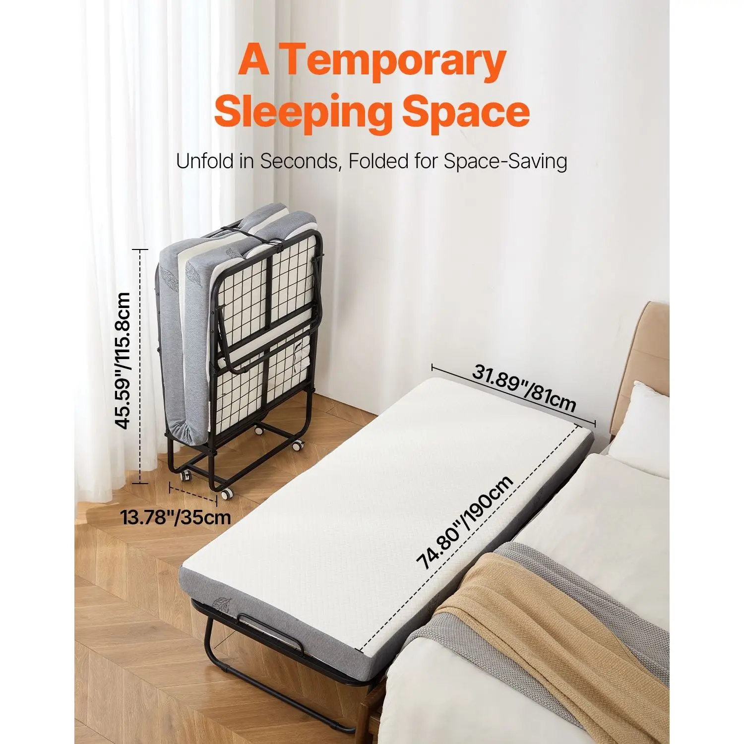 31 in X 75 in Foldable Twin Size Rollaway Bed 4 Mattress Sturdy Metal Frame Memory Foam New Design for Comfort Model D0100X328WJ