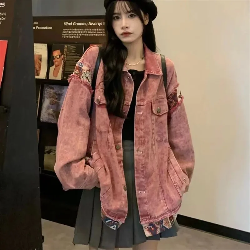 

Retro Ladies Loose Fitting Jeans Outwear 2024 Women Splicing Cowboy Tops Coat Spring Autumn New Female Long Sleeves Denim Jacket